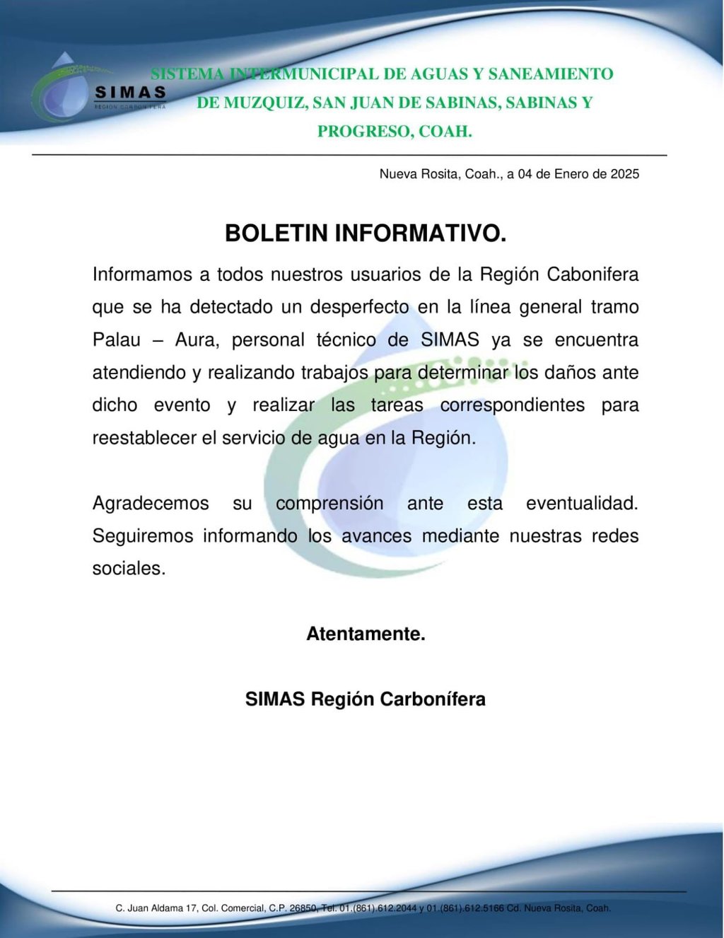 Simas: El equipo técnico ya trabaja para restablecer el servicio lo antes posible.