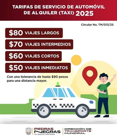 Tarifas de taxi en Piedras Negras: 80 pesos para viajes largos y 50 para cortos