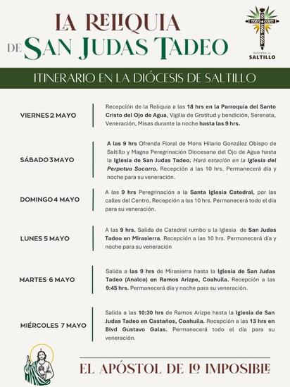 Reliquia de San Judas Tadeo recorrerá Coahuila en mayo