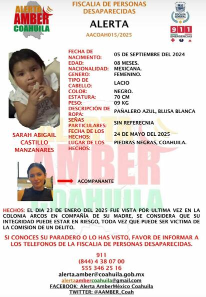 Activan Alerta Amber en Coahuila por desaparición de bebé en Piedras Negras