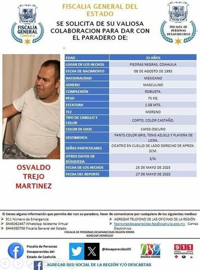 Fiscalía busca a dos hombres desaparecidos en Piedras Negras