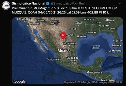 Temblor de 5.3 grados sorprende a Coahuila