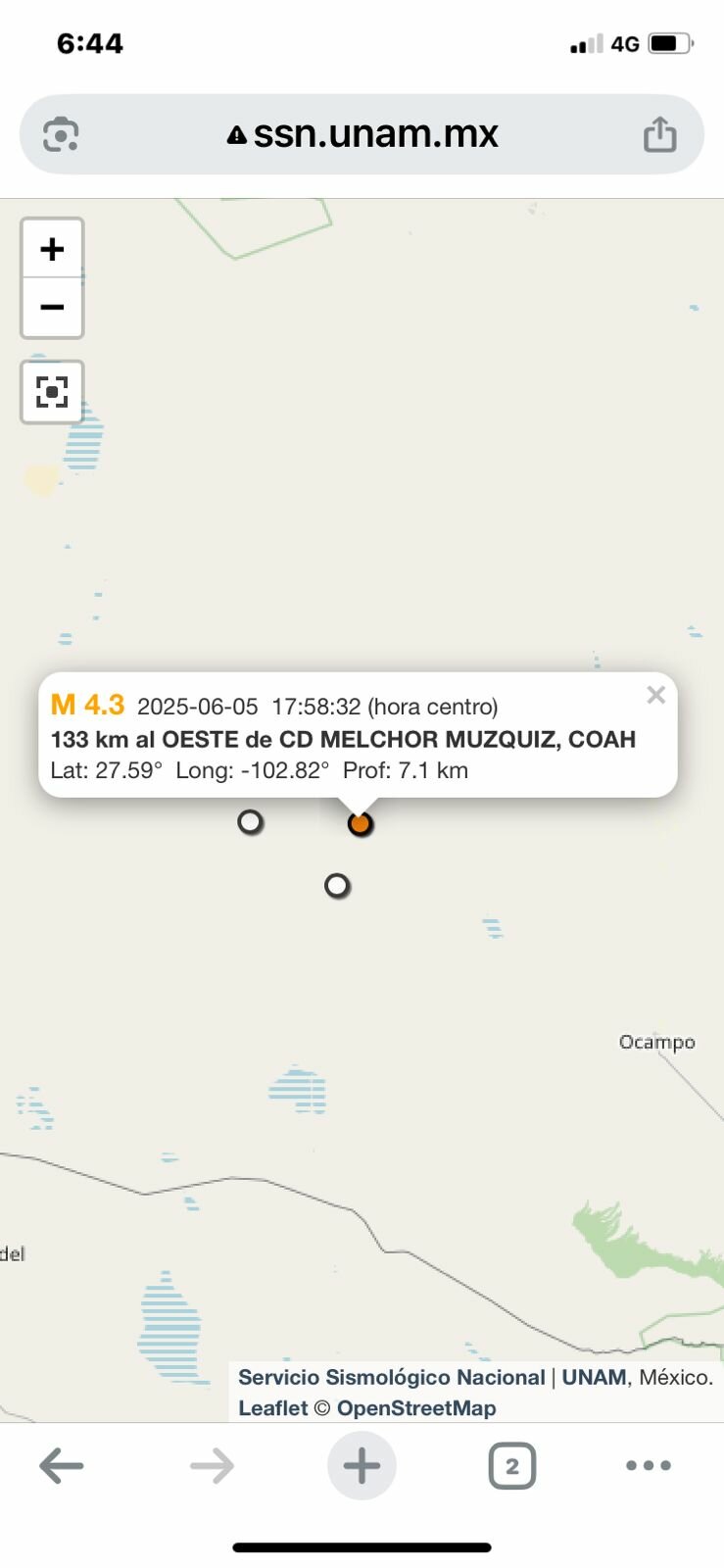 Sismo de 4.3 grados sacude Melchor Múzquiz