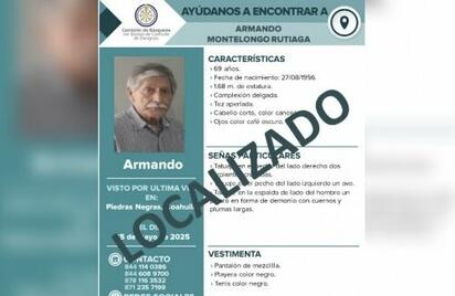 Confirman que adulto mayor reportado como desaparecido en Piedras Negras estaba en Durango con familiares