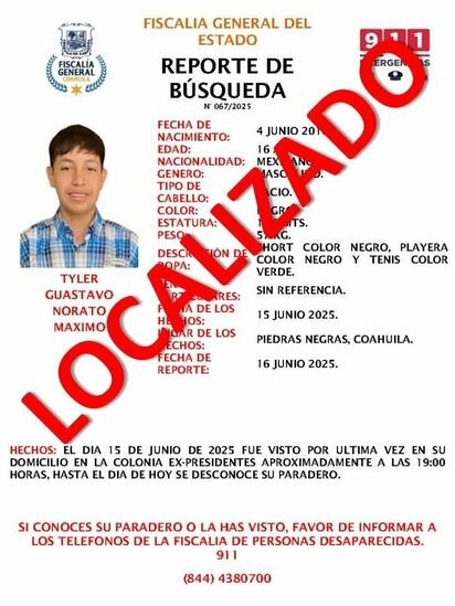 Localizan en buen estado a menor reportado como desaparecido en Piedras Negras
