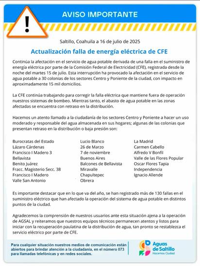 Corte de energía deja sin agua 15 mil hogares de Saltillo