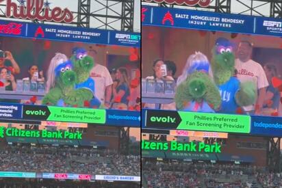 Mascota de los Phillies parodia escándalo en Kiss Cam