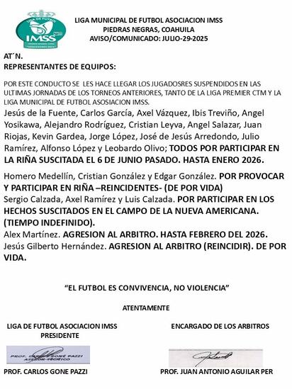 Liga Municipal de Futbol IMSS suspende a más de 20 jugadores por riñas y agresiones
