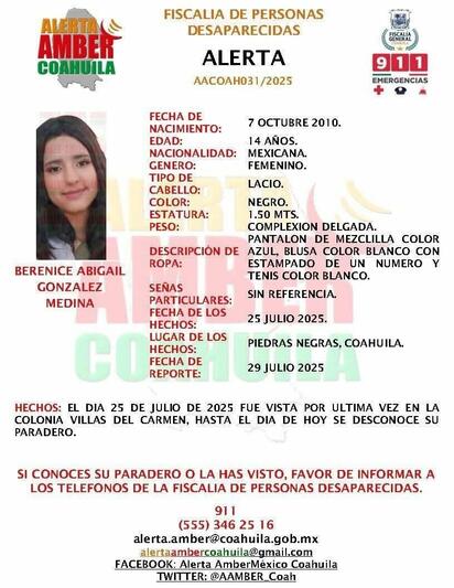 Sin rastro de adolescente desaparecida en Piedras Negras