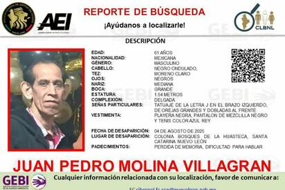 Buscan a Juan Pedro, adulto mayor desaparecido en Nuevo León