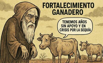 Caricatura editorial - Cronos y la sequía que devora al ganado