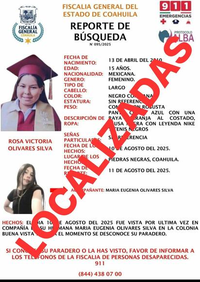 Localizan sanas y salvas a hermanas reportadas como desaparecidas en Buena Vista