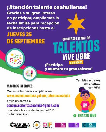 Concurso estatal de talentos “Vive Libre” amplia fechas de inscripción 