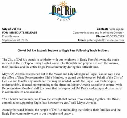 Del Río, Texas lamenta los hechos en casino de Eagle Pass y expresa solidaridad con la frontera