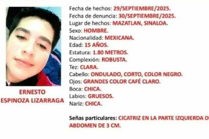 Fiscalía de Sinaloa activa Alerta Amber por joven desaparecido en Mazatlán