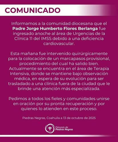 Sacerdote de la Catedral Mártires de Cristo Rey permanece en Terapia Intensiva