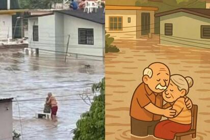 Pareja de abuelitos se abraza mientras espera rescate tras inundación en Poza Rica