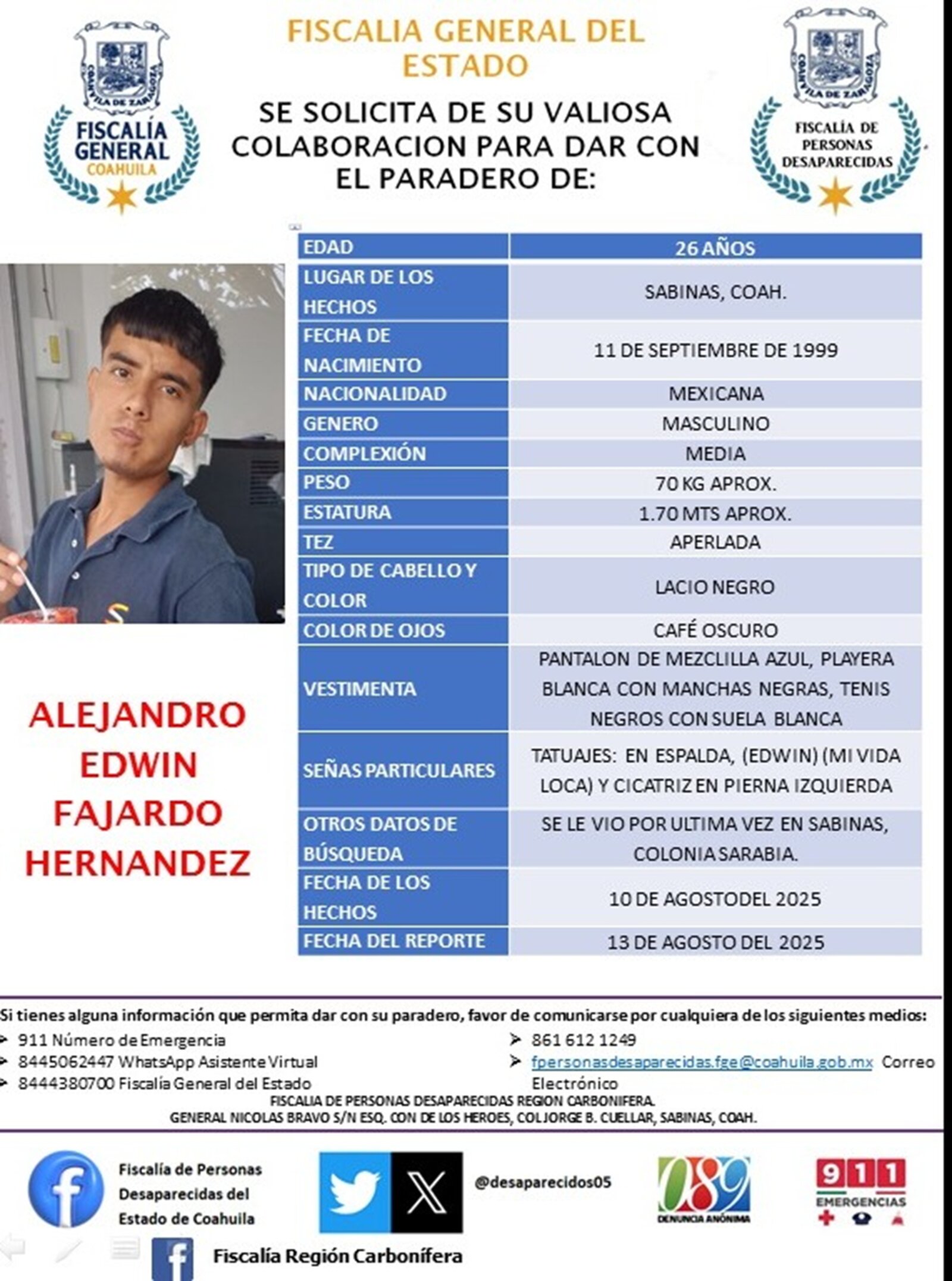 Un joven de 26 años desaparece en Sabinas y activan búsqueda