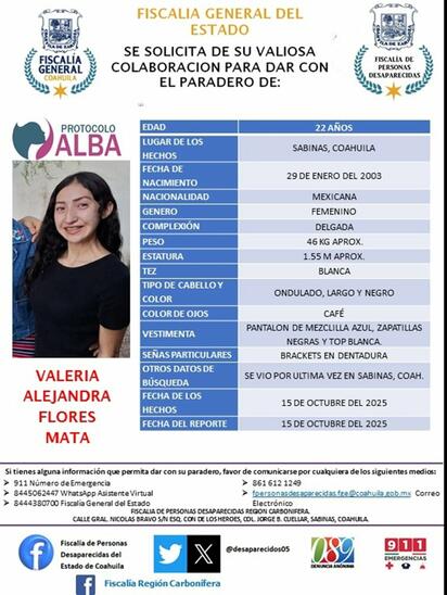 Joven de 22 años desaparece tras salir de la universidad en San Juan de Sabinas