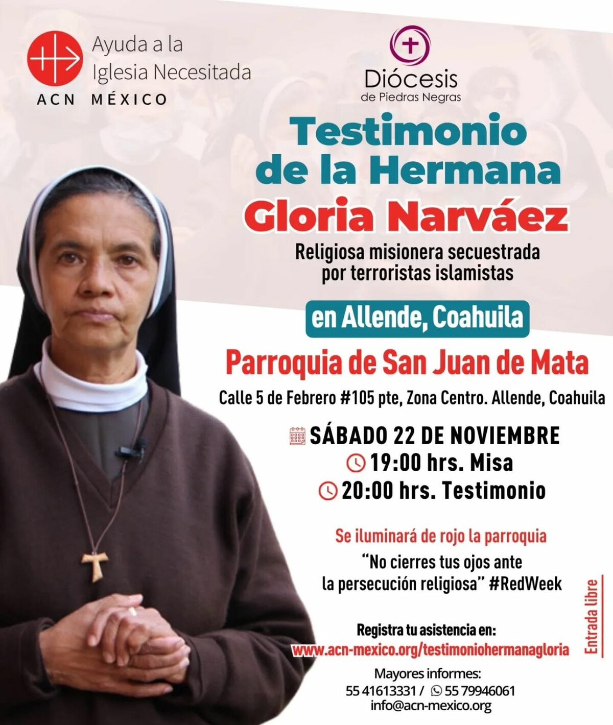 Hermana Gloria Cecilia Nárvaez compartirá su testimonio en Piedras Negras