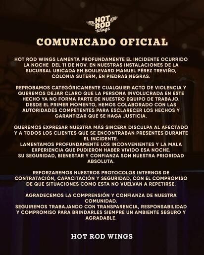 Hot Rod Wings confirma despido de mesero tras agresión a cliente
