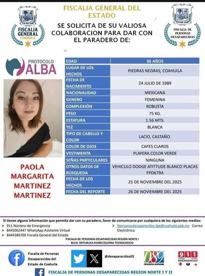 Localizan en Saltillo a mujer reportada como desaparecida en Piedras Negras; autoridades analizan si salió por voluntad propia