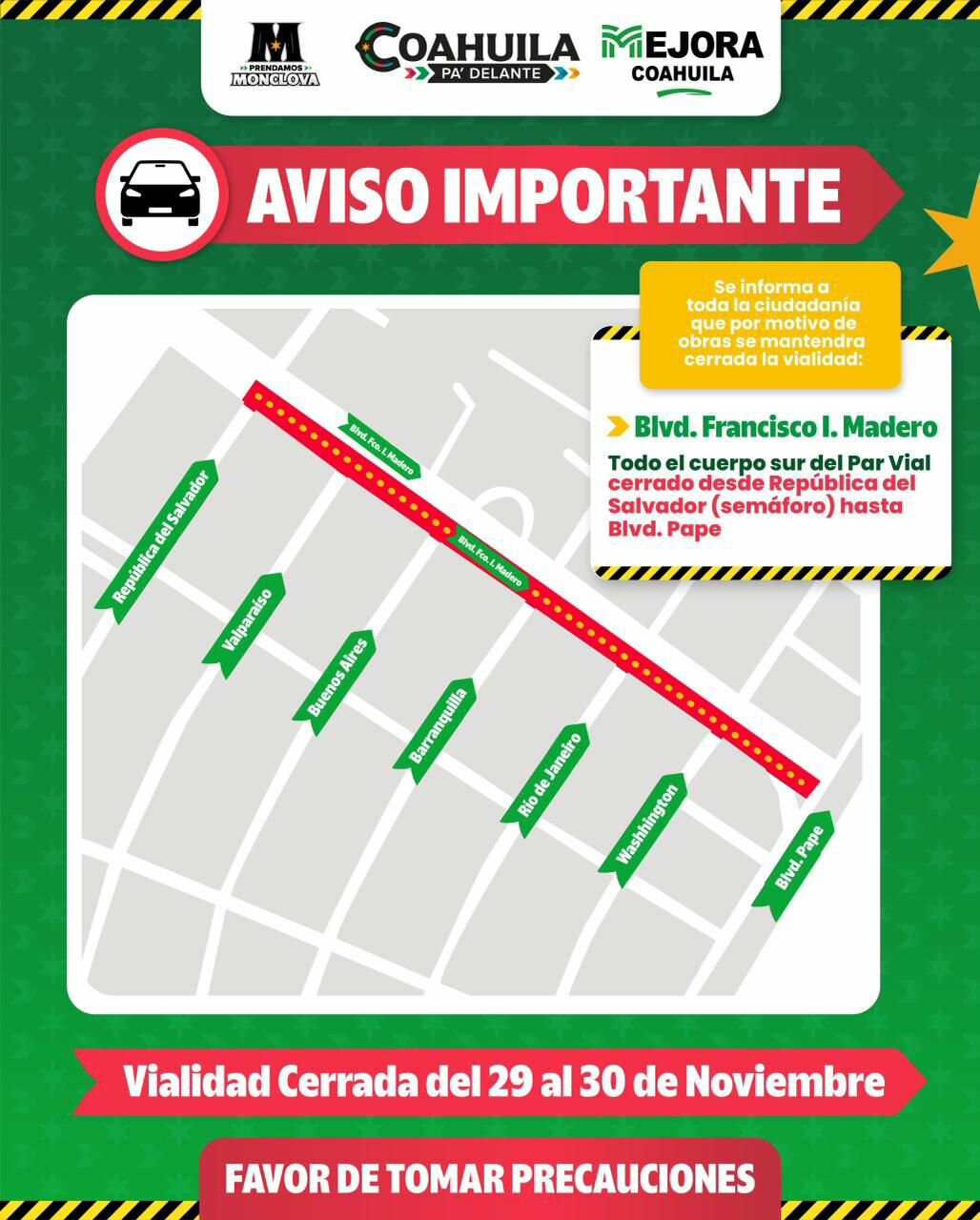 Cierre temporal en el Bulevar Madero por trabajos de mantenimiento