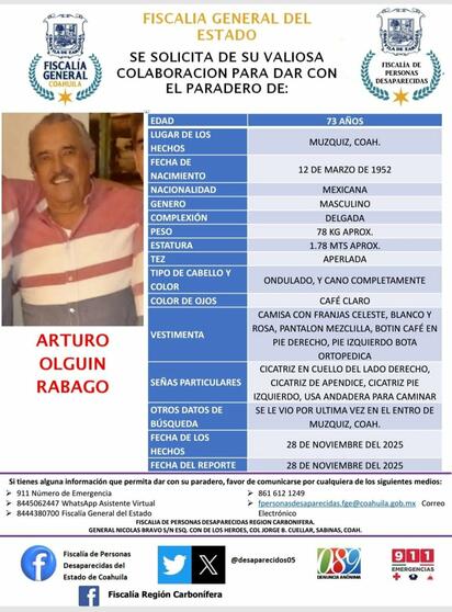 Autoridades solicitan apoyo para localizar a adulto mayor en Múzquiz