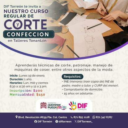DIF Torreón invita a curso regular de corte y confección