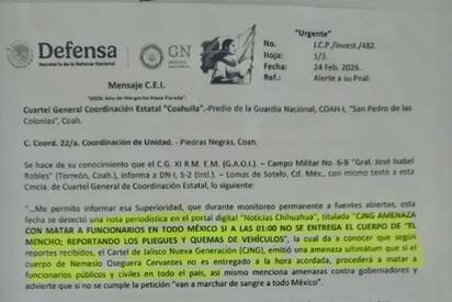 Filtran documento de presuntas amenazas tras muerte de “El Mencho”