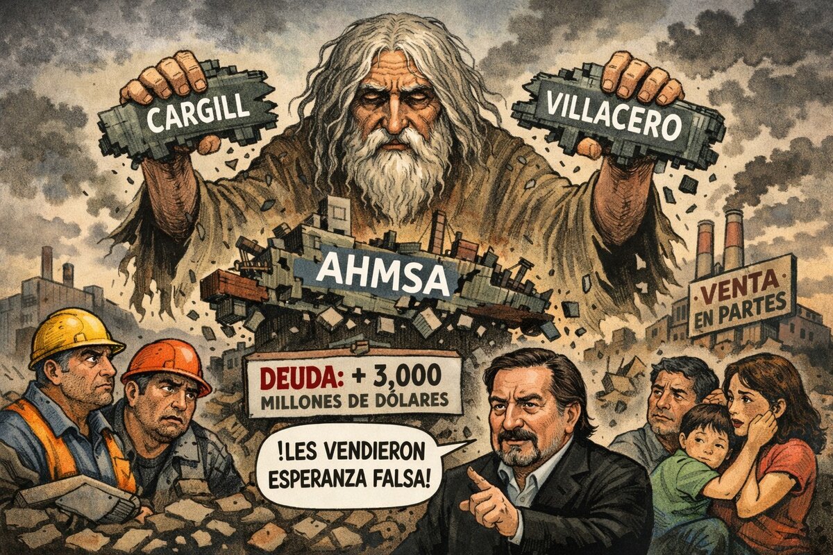 Caricatura editorial - “AHMSA: desmantelada entre deudas y engaños”