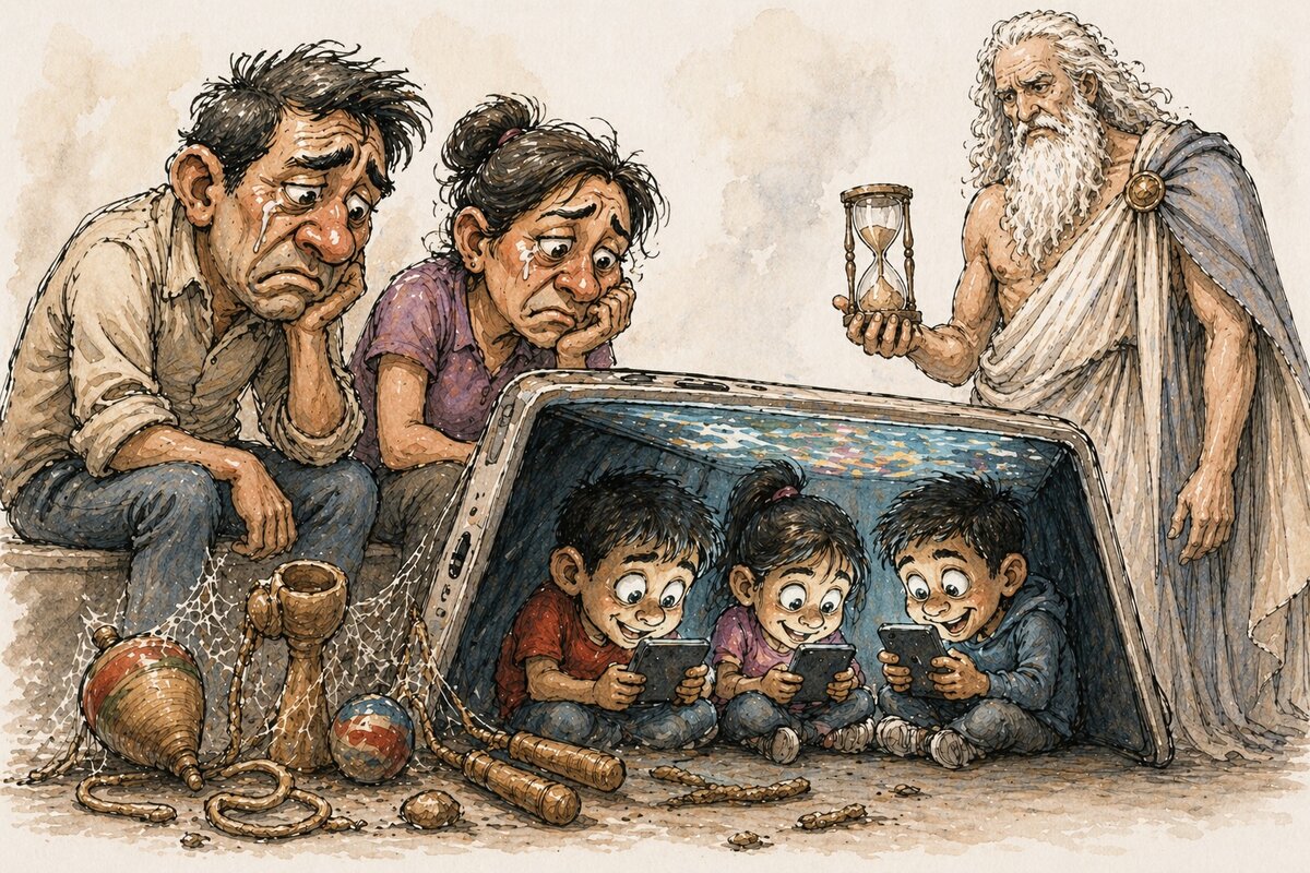 Caricatura editorial - Celebración infantil refleja cambios sociales actuales