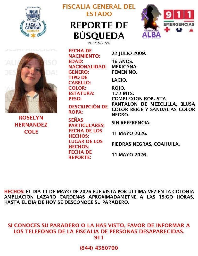 Emiten ficha de búsqueda para localizar a menor en Piedras Negras