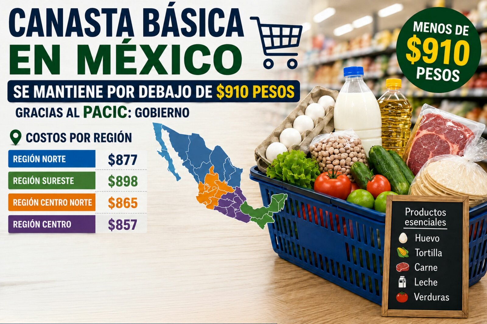 Canasta básica en México se mantiene por debajo de 910 pesos: Gobierno