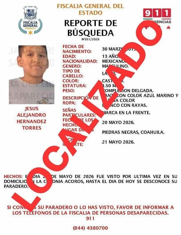 Localizan a menor de 13 años reportado como desaparecido en Piedras Negras