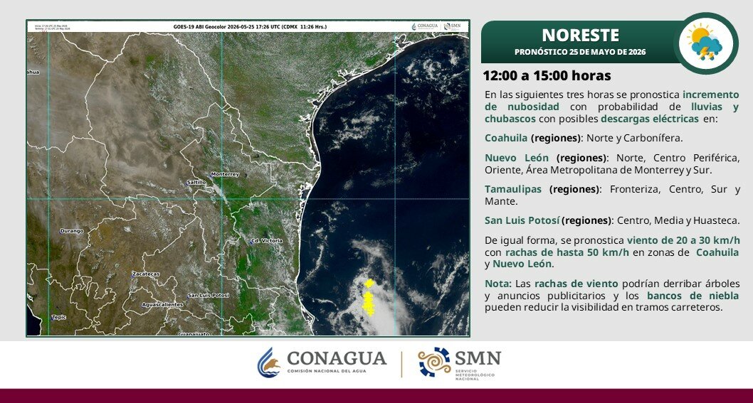 Pronostican lluvias viento y tormentas en Coahuila este lunes hoy