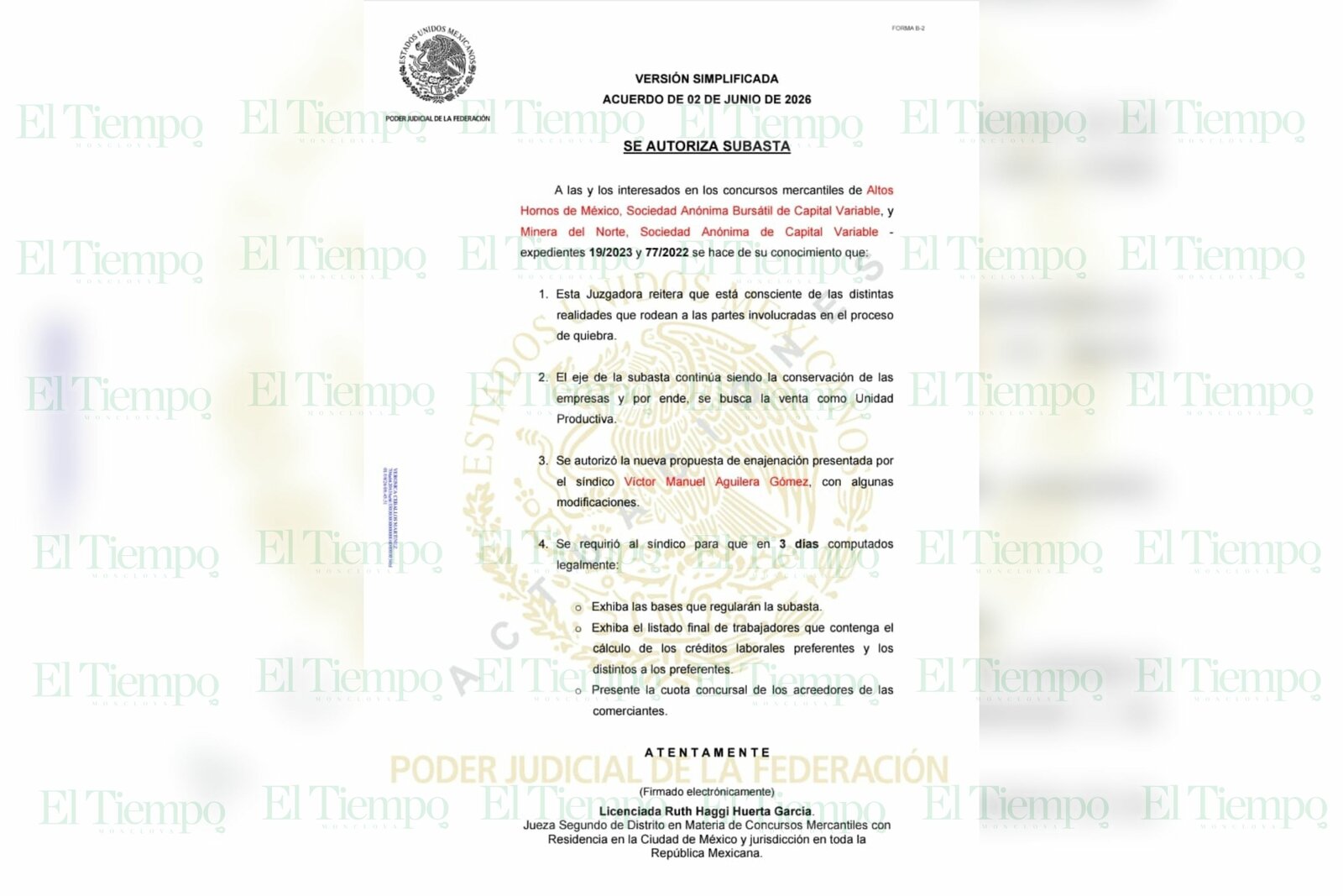 Autorizan segunda subasta de AHMSA; síndico deberá entregar lista final de trabajadores