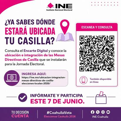 REGIÓN El Instituto Nacional Electoral (INE) en Coahuila hace un llamado a toda la ciudadanía para que se informe y participe activamente en la próxima Jornada