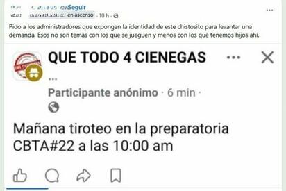 Suspenden clases y despliegan vigilancia por amenaza difundida en redes contra CBTa 22 del pueblo mágico de Cuatro Ciénegas 