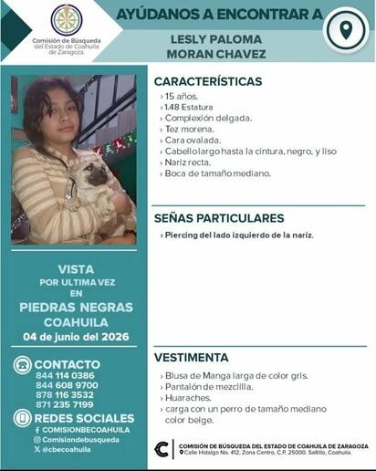 Buscan a adolescente desaparecida; podría estar en Piedras Negras