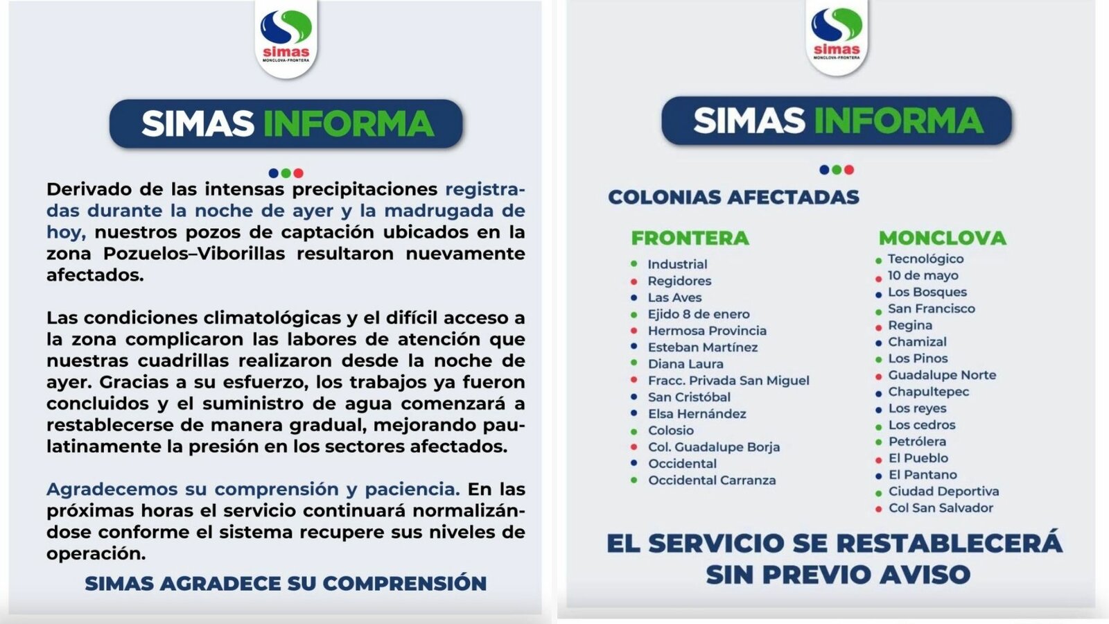 Lluvias dejaron a 16 colonias sin agua y SIMAS trabaja en reparaciones 