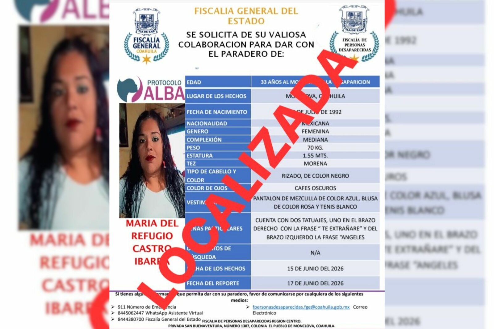 Localizan sana y salva a mujer reportada como desaparecida; concluye Fiscalía protocolo de búsqueda