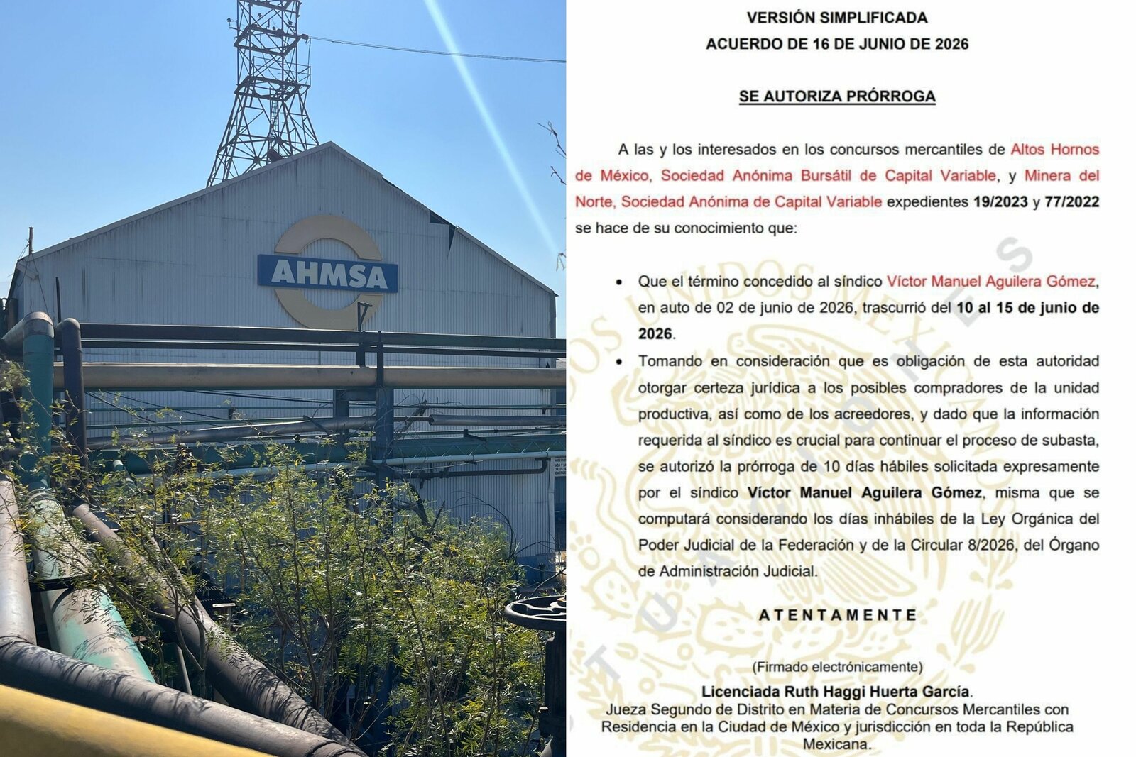 Autoridad judicial concede prórroga de 10 días hábiles en proceso de subasta de AHMSA