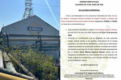 Autoridad judicial concede prórroga de 10 días hábiles en proceso de subasta de AHMSA