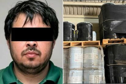 Autoridades federales aseguraron en Los Mochis, Sinaloa, 24 mil litros de metanfetamina líquida y detuvieron a Jorge N, presunto integrante del Cártel