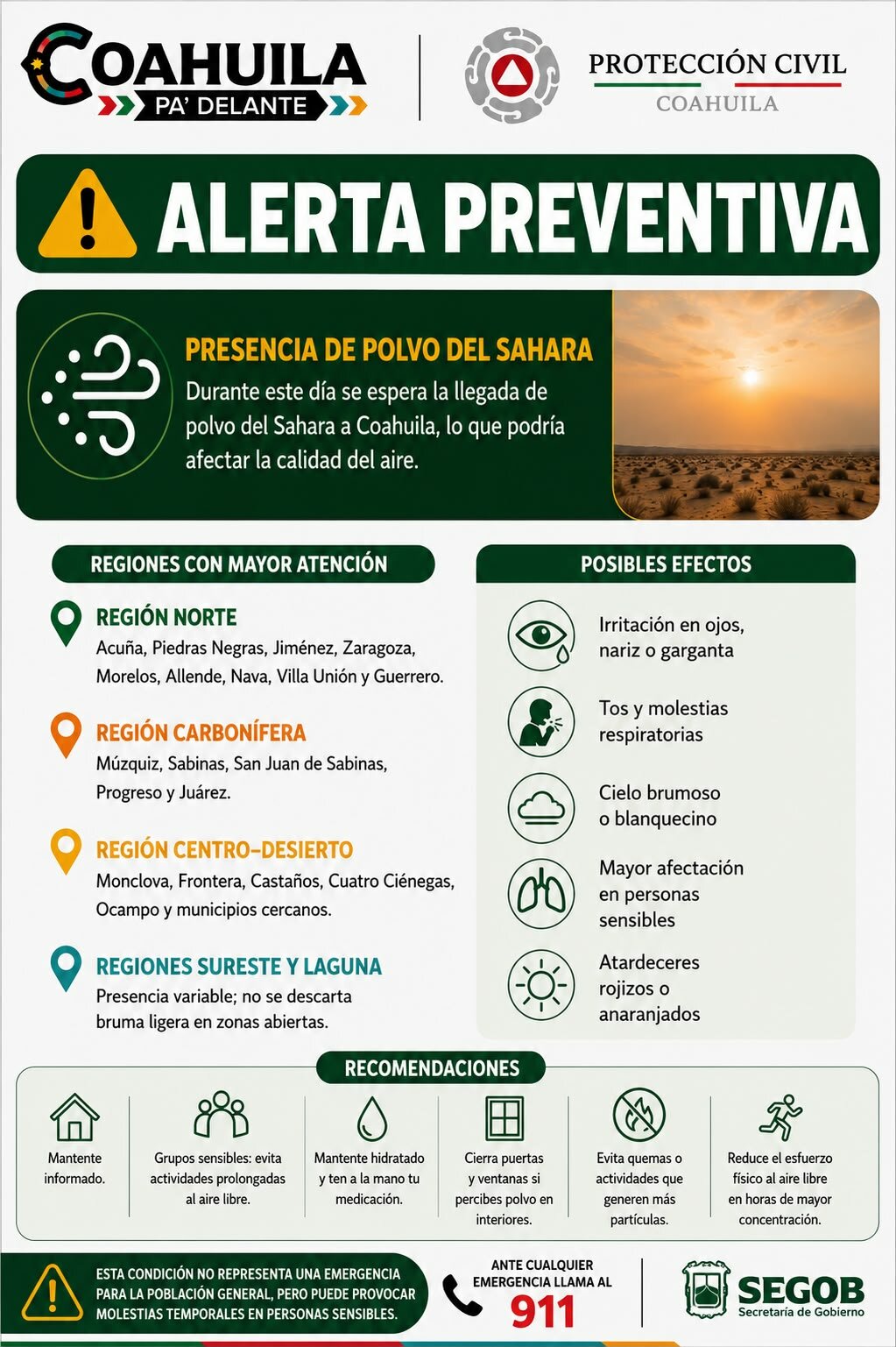 Emite Subsecretaría de Protección Civil alerta por presencia de polvo del Sahara en Coahuila