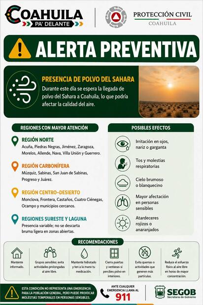 Emite Subsecretaría de Protección Civil alerta por presencia de polvo del Sahara en Coahuila