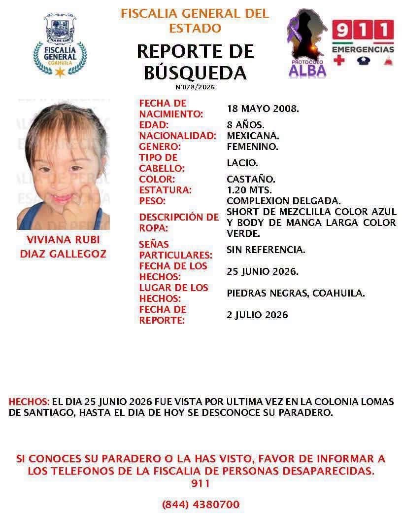 Activan búsqueda para localizar a menor en Piedras Negras