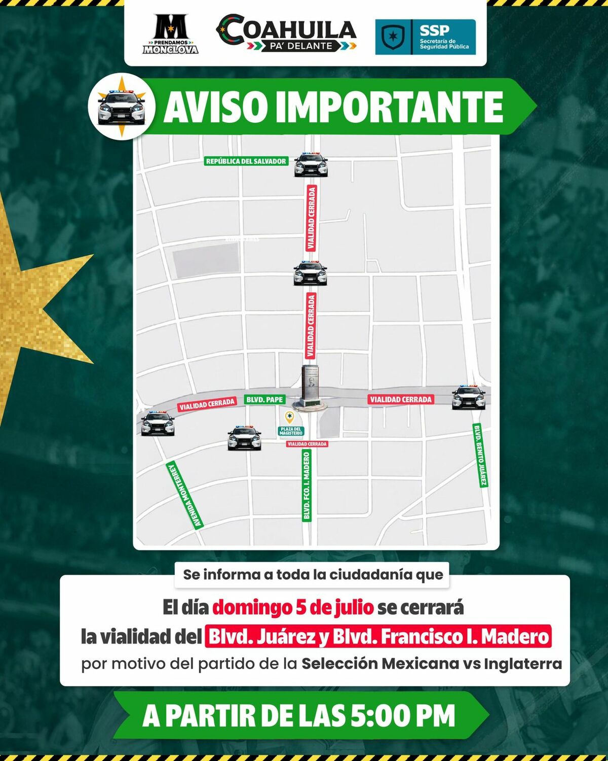 Anuncian cierres viales por transmisión del México vs Inglaterra