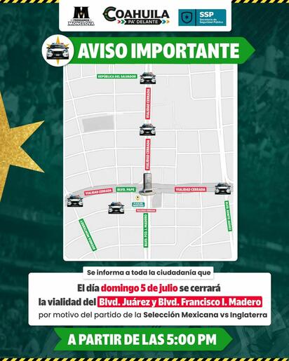 Anuncian cierres viales por transmisión del México vs Inglaterra